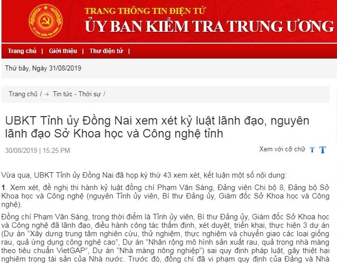 Các nội dung kỷ luật theo kết luận của UBKT Tỉnh ủy Đồng Nai được công bố rộng rãi trên trang thông tin của UBKT Trung ương.