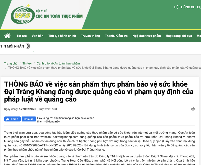 Cục An toàn thực phẩm, Bộ Y tế khuyến cáo người dân không nên mua, sử dụng thực phẩm bảo vệ sức khỏe Đại Tràng Khang trên một số website (Ảnh: Minh Thúy) 