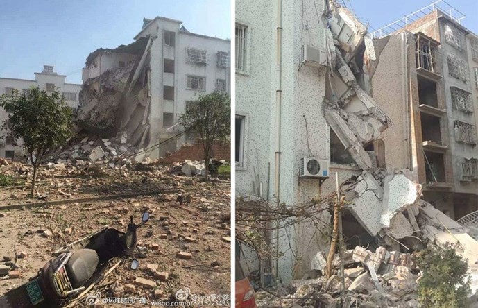 Thêm một vụ nổ nữa xảy ra vào sáng ngày 1.10 tại Quảng Tây, sau khi đã có 17 vụ nổ liên tiếp hôm trước. Trong ảnh bên trái là toà nhà 6 tầng bị phá huỷ do vụ nổ sáng 1.10, bên phải là một toà nhà bị chất nổ làm hư hại chiều 30.9 - Ảnh: Weibo