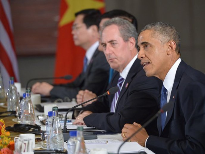 Tổng thống Mỹ Barack Obama phát biểu trước các đối tác tham gia TPP tại Toà đại sứ Mỹ ở Bắc Kinh ngày 10.11.2014 - Ảnh: AFP