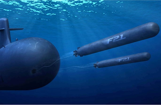 Minh họa ngư lôi F21 bắn ra cùng sợi cáp quang điều khiển phía sau - Nguồn: DCNS
