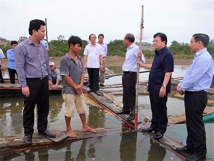 Phó Thủ tướng Trịnh Đình Dũng thăm hỏi động viên người dân nuôi cá lồng bè bị thiệt hại. Ảnh: T.Nga/PLO
