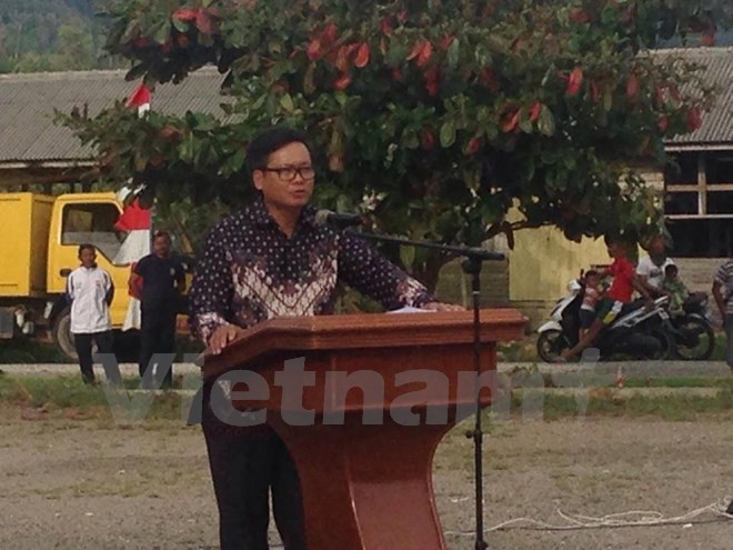 Đại sứ Việt Nam tại Indonesia Hoàng Anh Tuấn phát biểu tại buổi lễ. (Ảnh: Đỗ Quyên/Vietnam+)