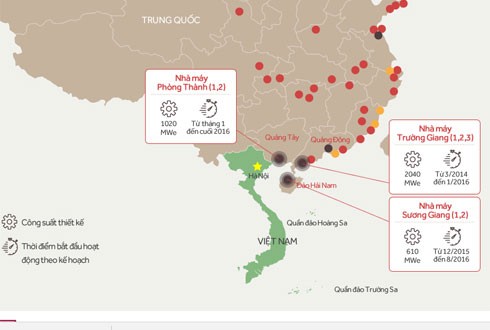 Vị trí các nhà máy điện hạt nhân của Trung Quốc gần Việt Nam. Nguồn VNE