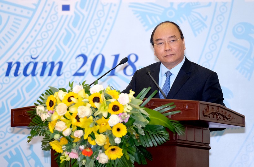 Thủ tướng Nguyễn Xuân Phúc phát biểu tại Hội nghị tổng kết công tác năm 2017 và triển khai nhiệm vụ 2018 của Bộ Kế hoạch và Đầu tư. Nguồn: VGP 