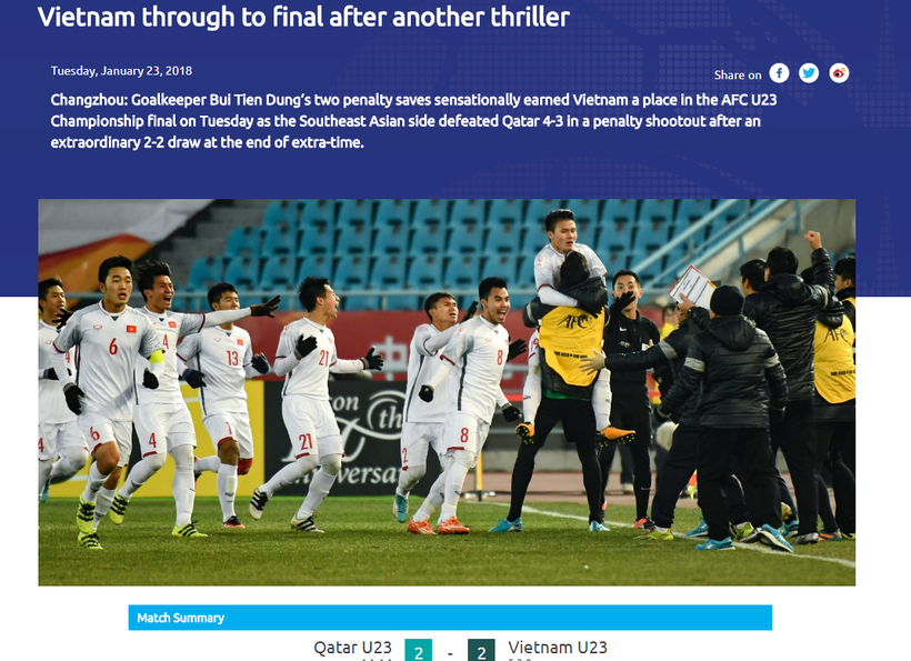 AFC đưa tin về chiến thắng của U23 Việt Nam. Ảnh: AFC