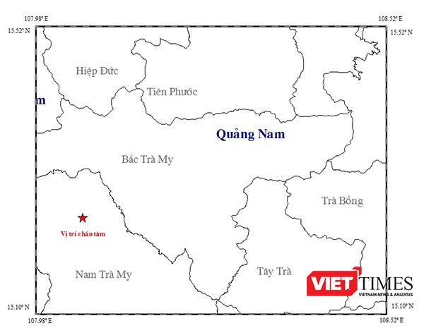 Vị trí tâm chấn trận động đất mạnh 3,9 độ richter vừa xảy ra trên địa bàn huyện Nam Trà My (Quảng Nam)