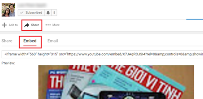 Trong giao diện trang video, bạn nhấn nút Share > Ember bên dưới trình phát video.
