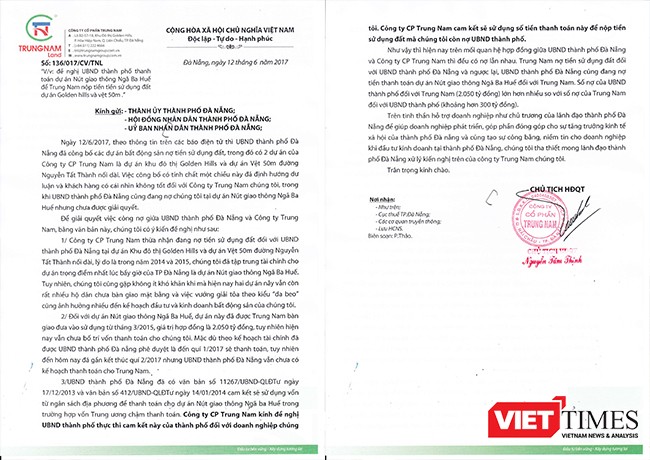 Văn bản phản hồi của Công ty CP Trung Nam liên quan đến khoản nợ hơn 2.050 tỷ đồng mà chính quyền Đà Nẵng chưa trả cho doanh nghiệp này khi bị "bêu" nợ tiền sử dụng đất.