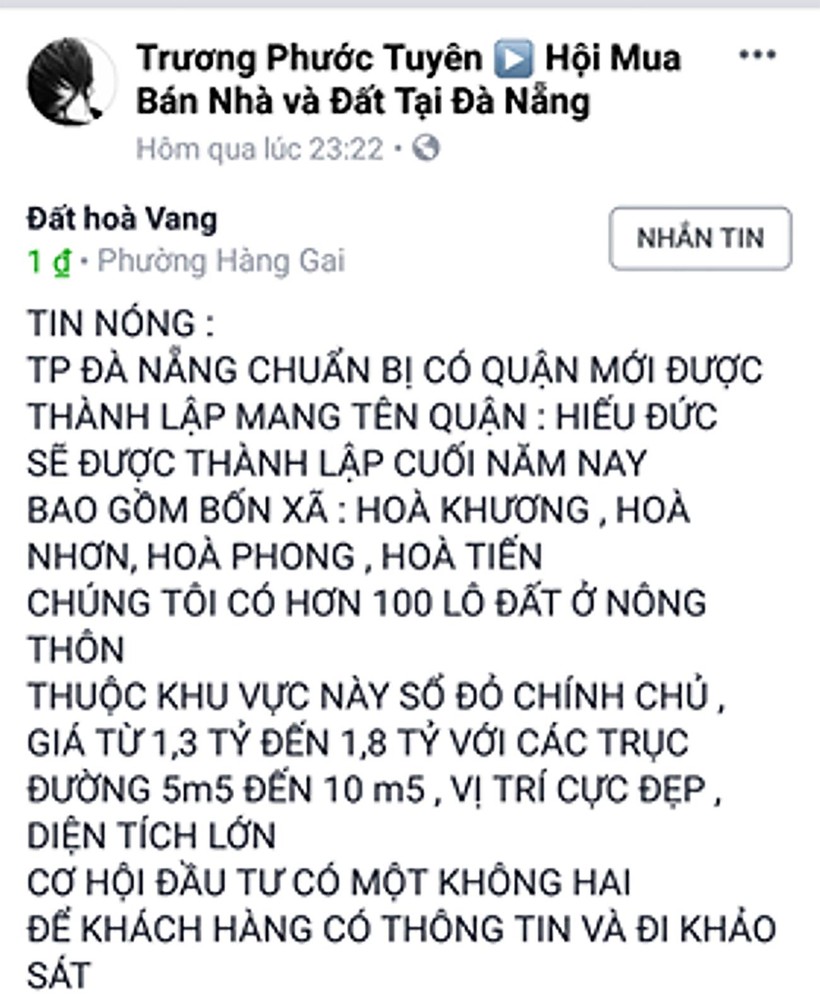 Nội dung tin đồi thất thiệt về việc Đà Nẵng tách huyện Hòa Vang thành 2 đơn vị hành chính đươc đăng trên mạng xã hội (ảnh Tấn Việt)