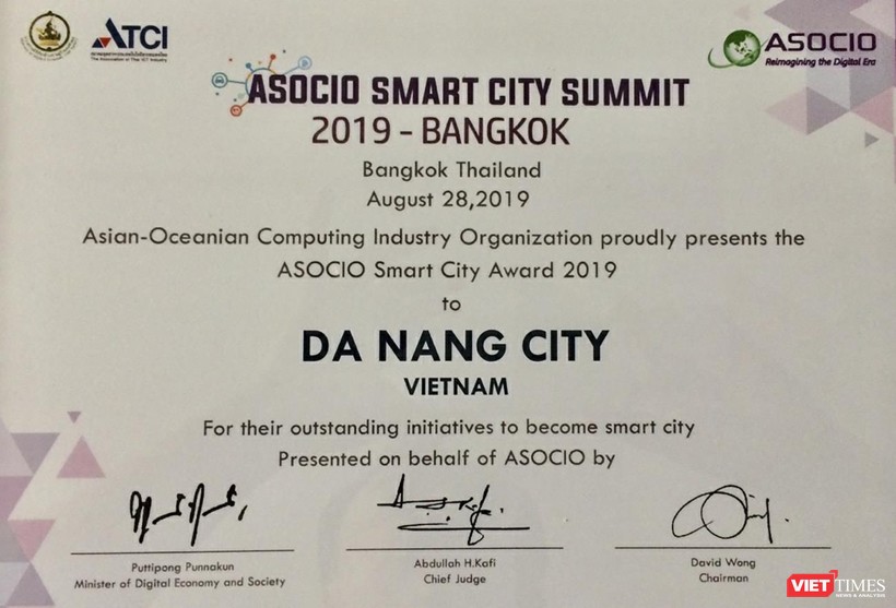 Chứng nhận giải thưởng "ASOCIO Smart city 2019” của TP Đà Nẵng do ASOCIO trao tặng