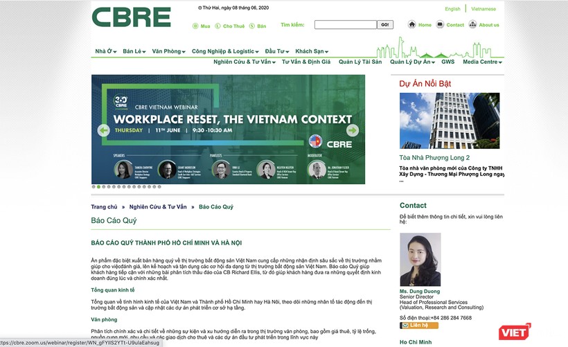 Trang web của CBRE Việt Nam cũng bỏ trống báo cáo nghiêm cứu thị trường BĐS Đà Nẵng