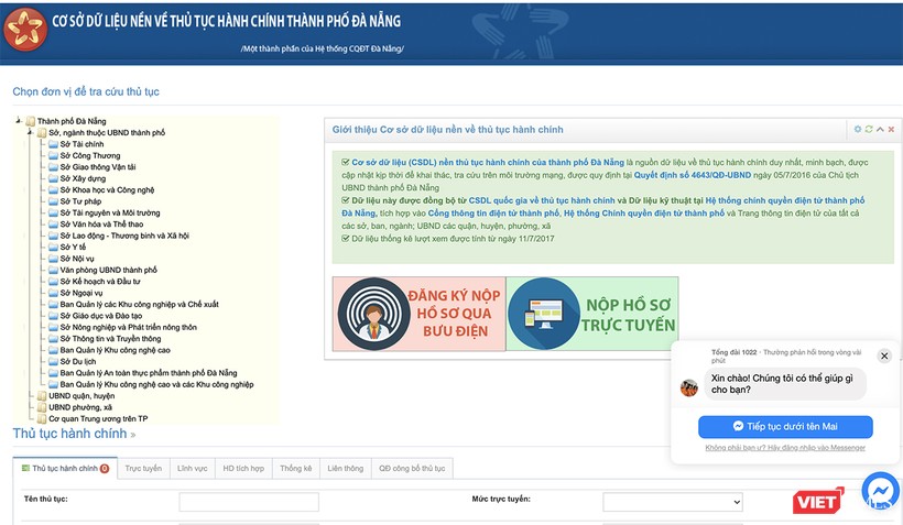 Cổng cơ sở dữ liệu dịch vụ hành chính trực tuyến thành phố Đà Nẵng