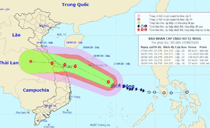 Dự báo của Trung tâm Khí tượng thủy văn quốc gia về đường đi của bão số 5