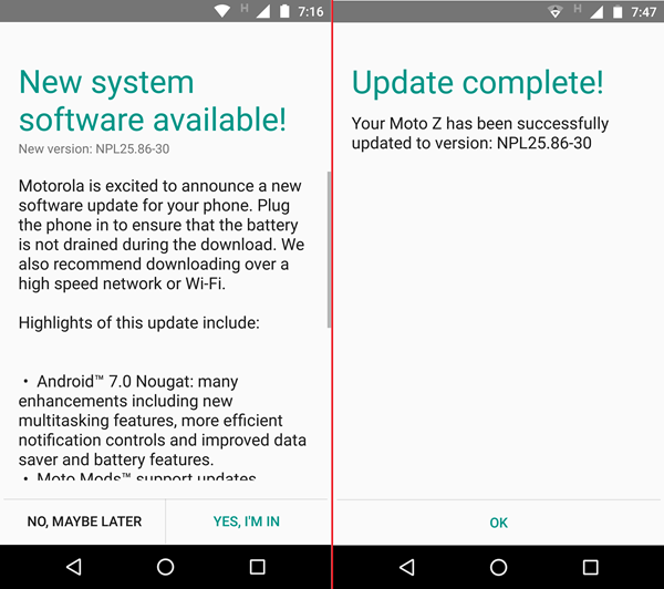 Ảnh chụp giao diện màn hình Moto Z khi thông báo có bản cập nhật Android 7.0 Nougat và sau khi hoàn tất việc cài đặt.