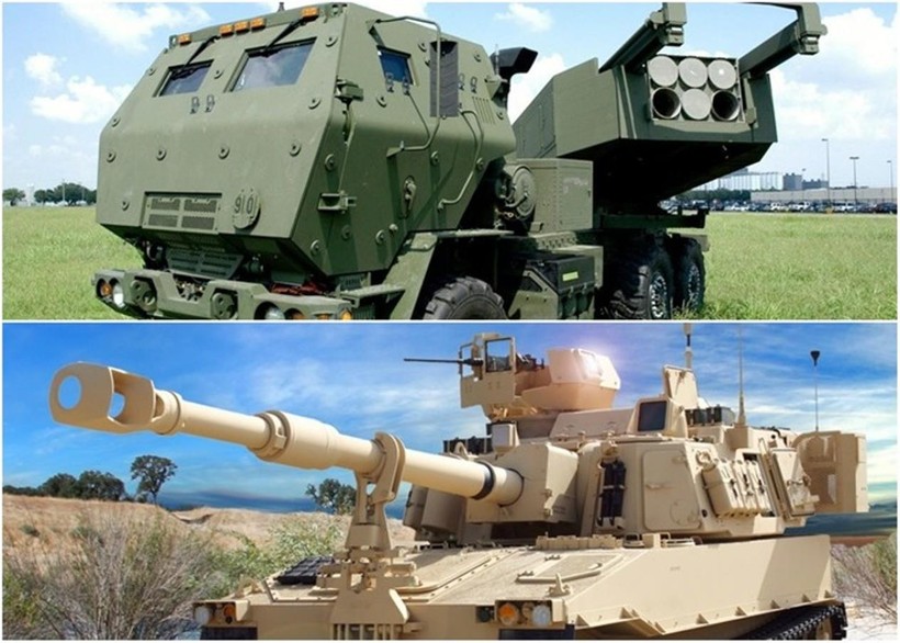 Hai loại vũ khí mà quân đội Đài Loan chuẩn bị mua: Hệ thống pháo phản lực nđa nòng M142 và Pháo tự hành M109A6 Paladin. Ảnh: Đông Phương