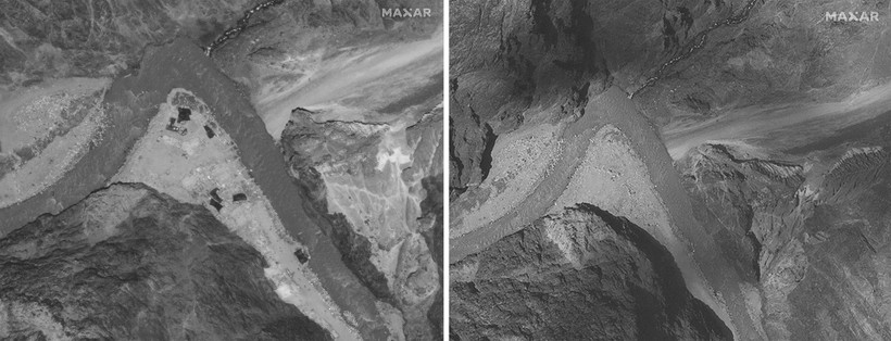 Ảnh vệ tinh chụp diểmđối đầu tại Thung lũng Galwan ngày 28/6 (trái) và ngày 6/7 (phải) cho thấy quân đội hai bên đã rút lui về phía sau, thực hiện cách ly tiếp xúc (Ảnh: AP)