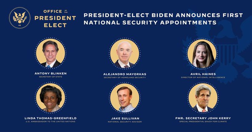 Sáu quan chức đầu tiên trong nội các dự kiến, được ông Joe Biden công bố trên Twitter cá nhân (Ảnh: Twitter@JoeBiden).
