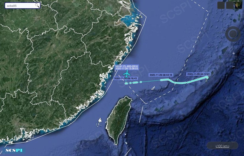 Bản đồ của Dự án Nhận thức tình hình chiến lược Biển Đông (Trung Quốc) công bố cho thấy chiếc CL-604 vào rất gần bờ biển tỉnh Chiết Giang (Ảnh: Dongfang).