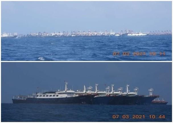 Tàu cá chở dân binh Trung Quốc neo đậu dày đặc ở gần bãi Ba Đầu (Ảnh: Đông Phương).