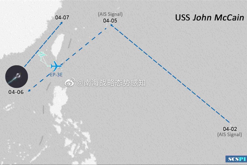 SCSPI công bố sơ đồ hoạt động của tàu chiến và máy bay trinh sát Mỹ áp sát Trung Quốc hôm 7/4 (Ảnh: Đa Chiều).
