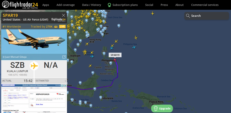 Dữ liệu trên trang web FlightRadar24 cho thấy chiếc chuyên cơ của bà Pelosi bay đường vòng sang phía đông Philippines nhằm hướng Đài Loan (Ảnh: LTN).