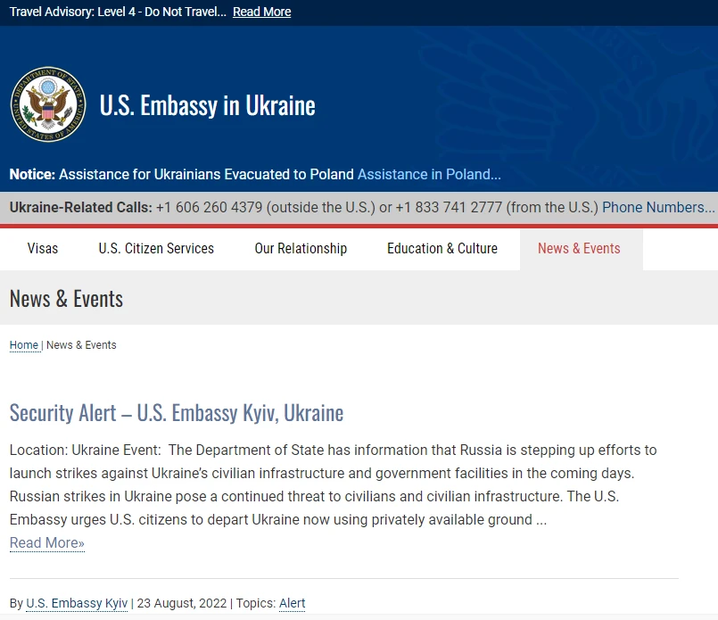 Ngày 23/8, Đại sứ quán Mỹ ở Kiev ra cảnh báo an ninh, yêu cầu công dân lập tức rời khỏi Ukraine (Ảnh: QQ).