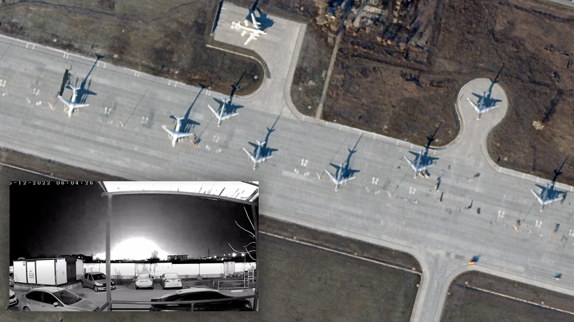 Sân bay Engels của Nga (ảnh lớn) bị cháy lớn (ảnh nhỏ) do bị UAV Ukraine tấn công rạng sáng 5/12 (Ảnh: Thedrive).