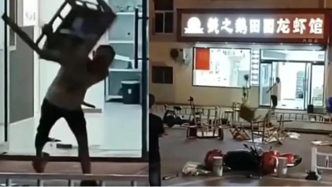Hình ảnh người chủ nhà hàng tự tay đập phá tài sản do kinh doanh thua lỗ đang gây xôn xao cộng đồng mạng Trung Quốc (Ảnh: Sohu).