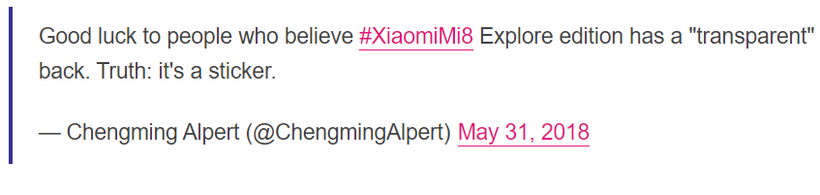 Chengming Alpert đăng tải trên Twitter ngày 31/5: “Gửi lời chúc may mắn tới những người tin rằng #Xiaomi Mi 8 Explorer Edition có nắp lưng trong suốt. Phía duới thật ra chỉ là một miếng dán”. Ảnh: TheVerge