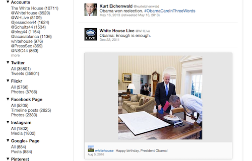 Giao diện trang lưu trữ các chia sẻ trên mạng xã hội của Tổng thống Mỹ.