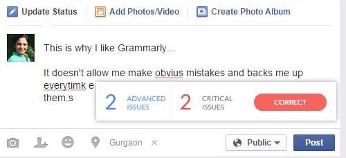 Grammarly sửa lỗi chính tả khi người dùng post tin trên mạng xã hội Facebook