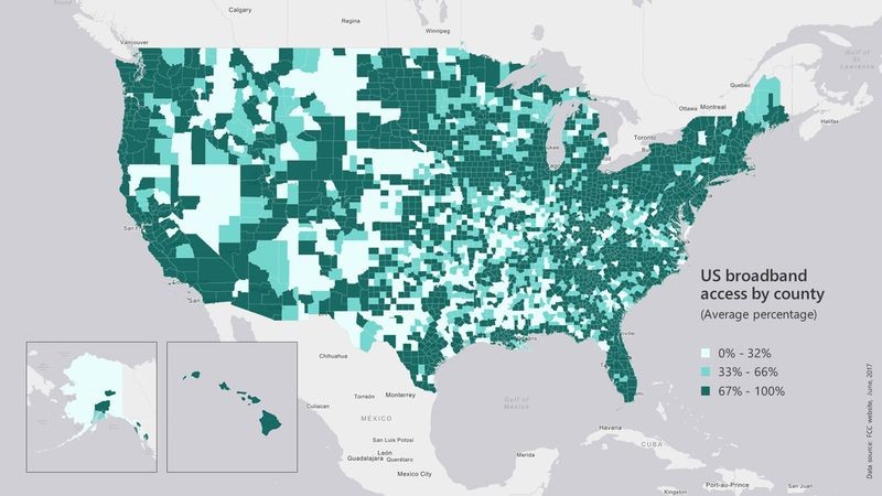Bản đồ tỉ lệ tiếp cận Internet băng thông rộng tại Mỹ (nguồn: FCC 2016 Broadband Progress Report).