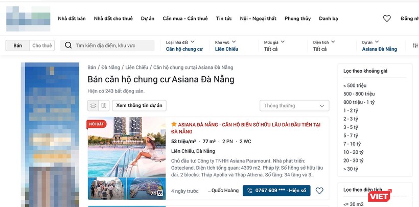 Bất chấp dự án Khu căn hộ Asiana chưa đủ điều kiện, các trang web vẫn rao bán