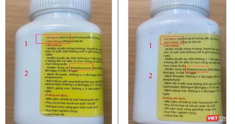 Thuốc Tetracyclin thật (hình bên trái) và giả. (Ảnh Cục quản lý Dược)