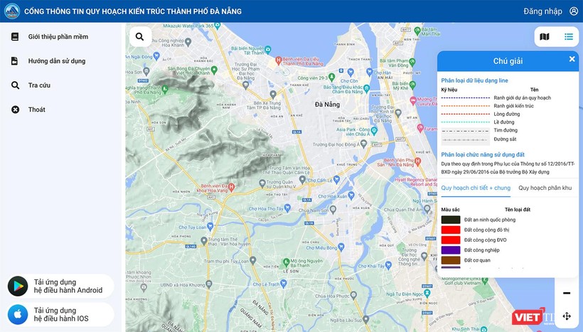 Giao diện ứng dụng Hệ thống GIS được tích hợp trên “Cổng thông tin quy hoạch kiến trúc TP Đà Nẵng” tại địa chỉ https://gisportal.danang.gov.vn/sxd/ 