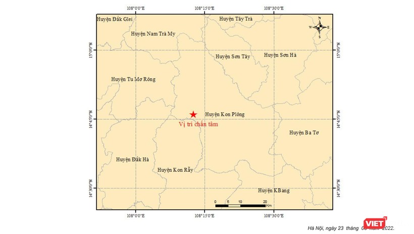 Vị trí xảy ra trận động đất (ảnh Viện Vật lý Địa cầu Việt Nam)