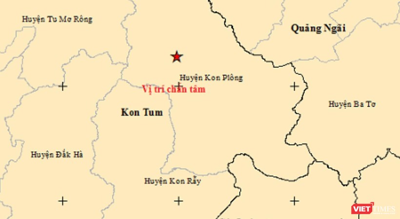 Vị trí xảy ra trận động đất thứ 12 trên địa bàn huyện Kon Plông (tỉnh Kon Tum).
