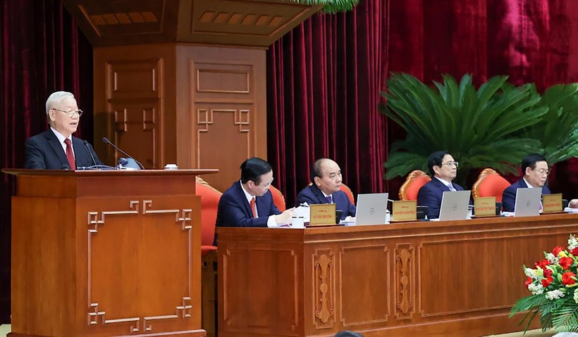 Tổng Bí thư Nguyễn Phú Trọng phát biểu khai mạc Hội nghị trung ương 6 (khóa XIII) (Ảnh: VGP/Nhật Bắc)