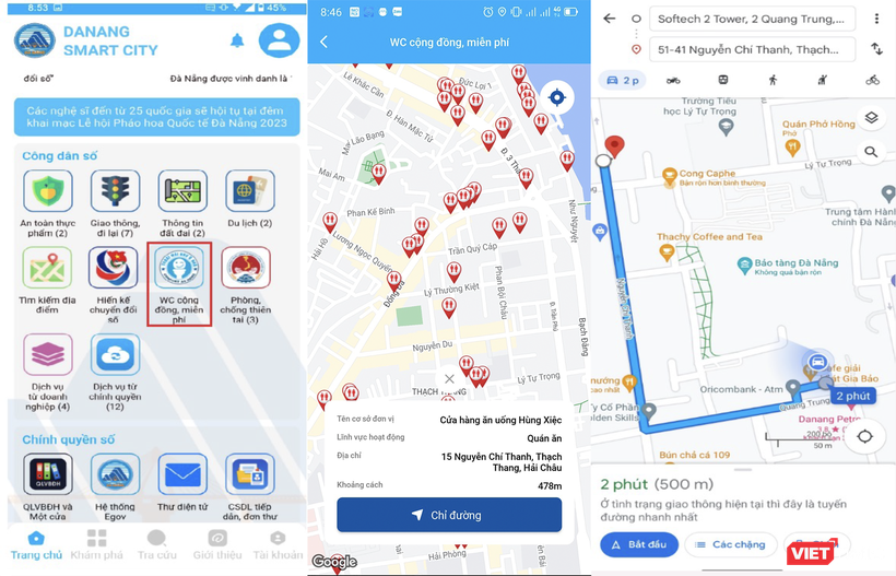 Giao diện hỗ trợ tìm kiếm nhà vệ sinh miễn phí lên app Danang Smart City