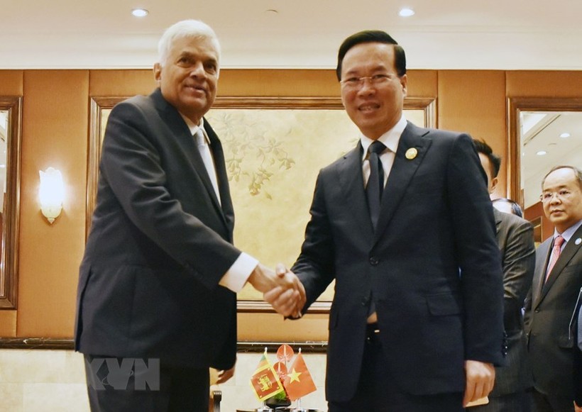 Chủ tịch nước Võ Văn Thưởng gặp Tổng thống Sri Lanka Ranil Wickremesinghe. (Ảnh: Tiến Trung/TTXVN)