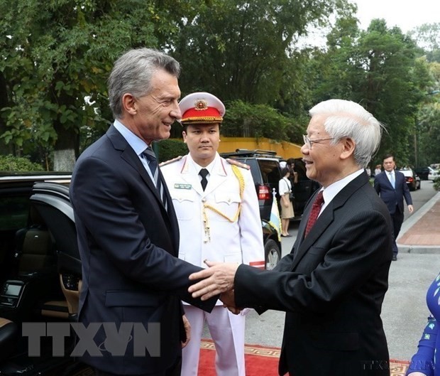 Tổng Bí thư, Chủ tịch nước Nguyễn Phú Trọng đón Tổng thống Argentina Mauricio Macri thăm cấp Nhà nước Việt Nam (ảnh năm 2019). (Ảnh: Trí Dũng/TTXVN)