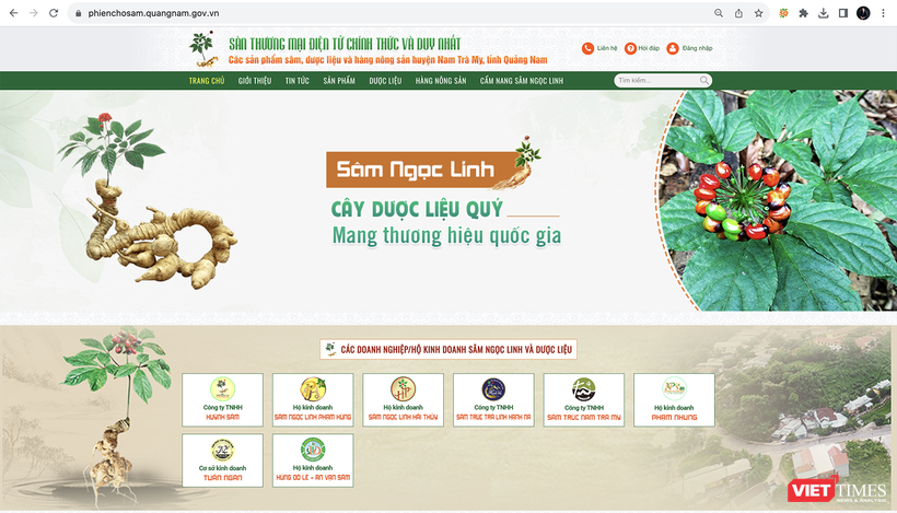 Giao diện sàn thương mại điện tử chuyên quảng bá về sâm Ngọc Linh và các sản phẩm dược liệu, nông sản đặc trưng trên địa bàn tỉnh Quảng Nam