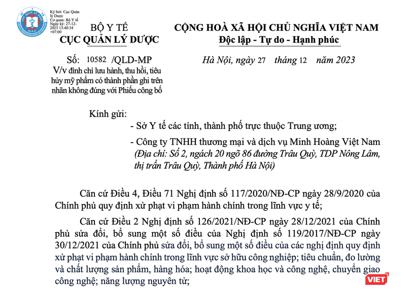 Quyết định đình chỉ lưu hành, thu hồi trên toàn quốc 16 sản phẩm mỹ phẩm do Công ty TNHH thương mại và dịch vụ Minh Hoàng Việt Nam đứng tên công bố và chịu trách nhiệm đưa ra thị trường