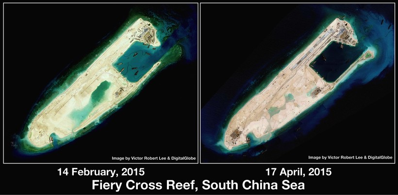 Ảnh vệ tinh chụp đá Chữ Thập thời điểm tháng 2/2015 và tháng 4/2015 cho thấy tốc độ xây dựng chóng mặt của Trung Quốc tại Trường Sa