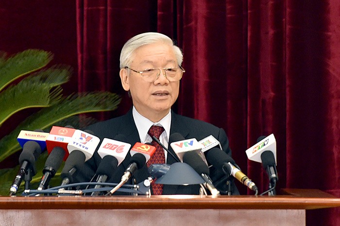 Tổng bí thư Nguyễn Phú Trọng phát biểu tại hội nghị Trung ương 14. Ảnh: VGP