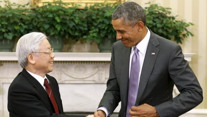 Tổng thống Obama đón tiếp Tổng Bí thư Nguyễn Phú Trọng tại Nhà Trắng trong chuyến thăm Mỹ năm 2015