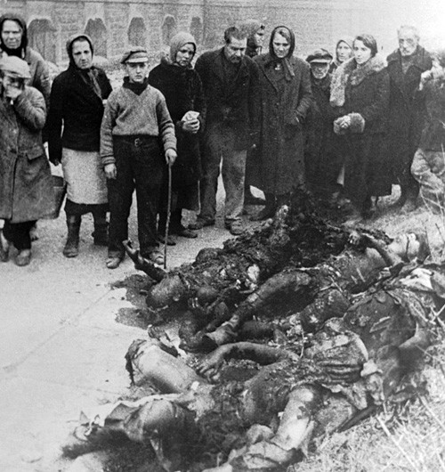 Người dân thành phố Poltava, Ukraine đứng trước thi thể của những người bị quân phát xít thiêu sống ngày 23/9/1943.