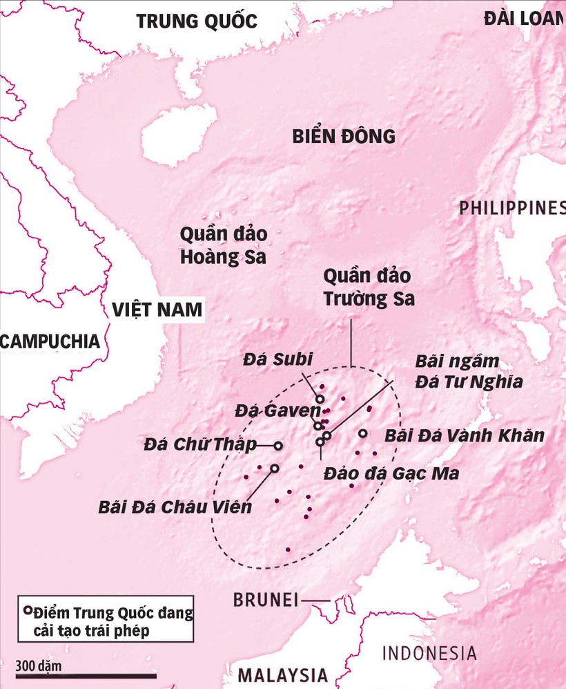 Bản đồ các bãi đá, bãi cạn mà Trung Quốc đang xây dựng, cải tạo trái phép ở quần đảo Trường Sa của Việt Nam