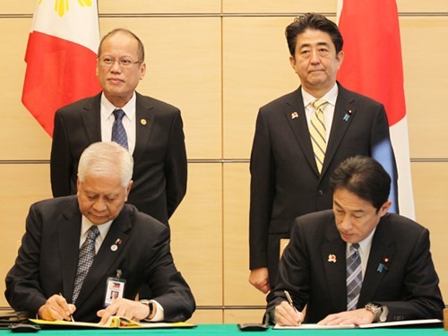 Thủ tướng Nhật Bản Shinzo Abe và Tổng thống Philippines  B. Aquino chứng kiến lễ ký thỏa thuận hợp tác giữa hai nước